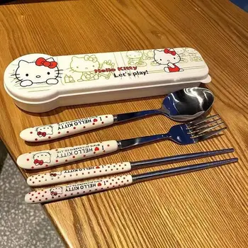  Sanrio Hellokitty Kawaii Çubuklarını Kaşık Takım Ofis Çalışanı Öğrenciler Yemek Taşınabilir Seyahat Sofra Üç Parçalı Set