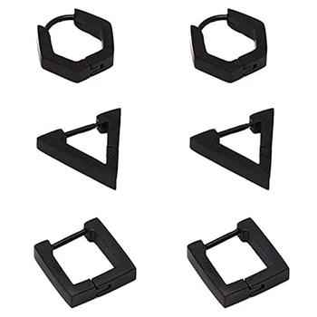  3 Pairs erkek için top küpe seti Kare Üçgen Altıgen Matematik Sembolleri Eğlenceli Sevimli Benzersiz Hoop Huggie 16G Paslanmaz Çelik Siyah Çelik