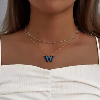  Moda Temizle Kristal Boncuk Zincir Mavi Kelebek Kolye Kolye Kadınlar İçin Kadın Vintage Boho Çok Düzeyli Kız Takı Toptan