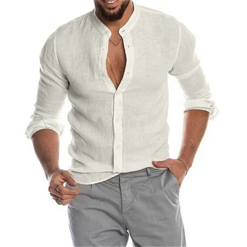  2022 Moda Yeni erkek Düz Renk Keten Uzun Kollu Tasarımcı Gömlek Standı Yaka Hırka Uzun Kollu Gevşek Yakışıklı erkek gömleği
