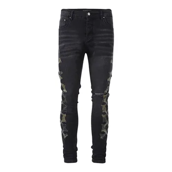  Yeni stil tasarım siyah serisi yırtık baskılı kot erkekler ve kadınlar için delik ile bahar ve yaz yüksek sokak yama kot pantolon
