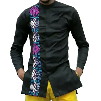  Afrika Baskı erkek gömleği Moda Baskı Siyah Patchwork erkek Dashiki Gömlek Standı Yaka Ankara Giyim Erkek Uzun Kollu Üstleri