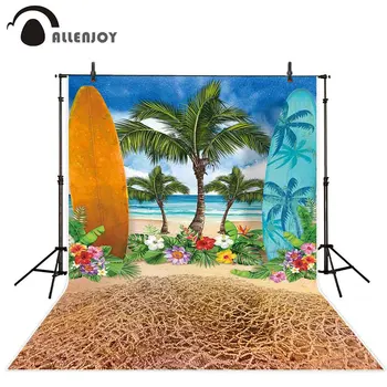  Allenjoy zemin fotoğraf stüdyosu için yaz tropikal plaj deniz hindistan cevizi ağacı gökyüzü sörf tahtası arka plan photobooth photocall