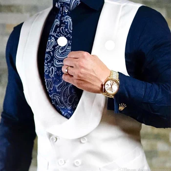  Beyaz Kolsuz Erkek Yelek Kruvaze Düğün Damat Slim Fit Tek Parça Takım Elbise Yelek Şal Yaka Erkek Moda Ceket