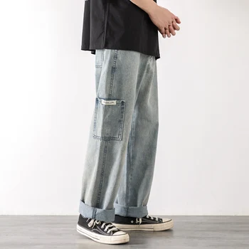  Gevşek Sokak Tarzı Düz Kargo Pantolon Kot Erkekler Moda Marka Geniş Bacak Tulum Retro Eğilim Eğlence Gençlik Denim Baggy