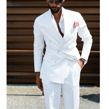  Kruvaze Erkek Takım Elbise Beyaz Slim Fit Düğün Smokin Damat için 2 Parça Rahat Tarzı Erkek Moda Ceket Pantolon 2021