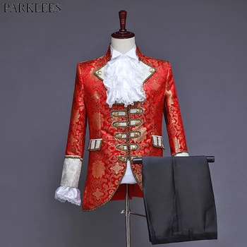  Erkek Klasik Moda Beş Parçalı Set Takım Elbise (Ceket + Pantolon + Yelek + Beyaz Yaka + Kollu Çiçekler) saray Mahkemesi Prens Cosplay Kostüm Kırmızı