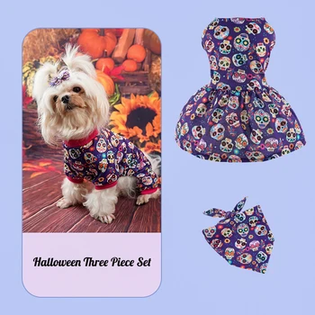  Pet Köpek Giysileri Cadılar Bayramı Kostüm Kafatası Kabak Baskı Üçgen Eşarp Elbise Elbise Küçük Köpek Giyim Şenlikli Parti 3 Adet Set