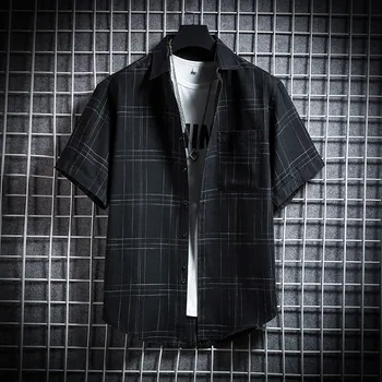  Erkek Ekose Gömlek Kısa Kollu 2022 Yaz Yüksek Kaliteli Bluzlar Klasik Üstleri Moda Kore Giyim Erkek Retro Ekose desenli Bluzlar