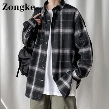  Zongke Siyah Ekose Gömlek Erkek Giyim 2022 Moda Harajuku erkek gömleği Damalı Vintage Elbise 3XL Bahar Yeni Gelenler