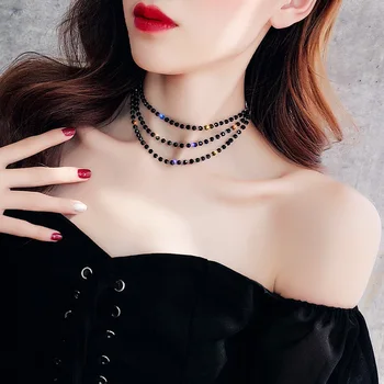  JCYMONG Moda 3 Katmanlı Siyah kristal boncuklar Gerdanlık Kolye Kadınlar İçin Gümüş Renk Daire Yaka Klavikula Zinciri Kore Takı