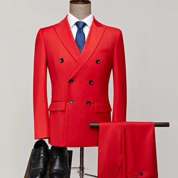  2022 Moda Yeni erkek İş Kruvaze Düz Renk Takım Elbise Ceket / Erkek İnce Düğün 2 Parça Blazers Ceket Pantolon Pantolon