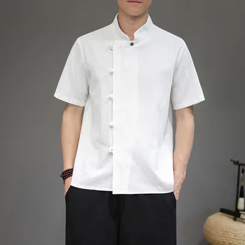  MrGB 2023 Çin Yaz Katı Gömlek erkek Eğimli Placket Düğme Gevşek Bluzlar Tops Kısa Kollu Beyaz Erkek Hırka Vintage