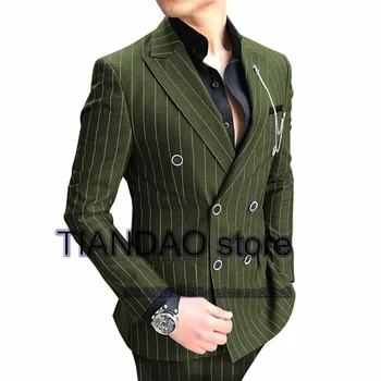  Erkek Çizgili Takım Elbise 2 Parça Kruvaze Ceket Seti İş Resmi Blazer Pantolon Erkek Düğün Damat Smokin