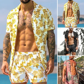  Erkekler İnce ve Nefes Hawaiian Tropikal Plaj Kıyafetleri Setleri Sarı Çiçek Baskılı Tatil Kısa Kollu İki Adet