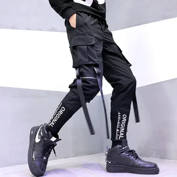  Hip Hop Erkekler Şeritler Cepler kargo pantolon Moda Japon Harajuku Elastik Bel Casual Streetwear Erkek Joggers Pantolon Techwear