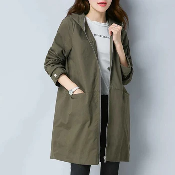  Lucyever Ordu Yeşil Rahat Trençkot Kadın 2022 Sonbahar Gevşek Fermuar Kapşonlu Rüzgarlık Kadın Kore Streetwear Uzun Ceketler