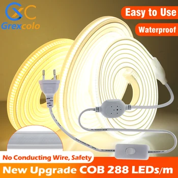  220 V LED Şerit süper parlak COB led ışık Yüksek Güvenlik 288 LEDs / m Esnek cob lambası Bar açık su geçirmez LED şerit ışık + fiş