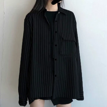  Deeptown Siyah Bluz Vintage Gömlek Kadın Düğme Up Uzun Kollu Gömlek Sonbahar Kore Tarzı Moda BF Gevşek Şerit Baskı Tops