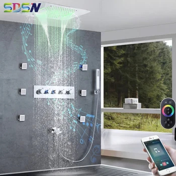  LED Müzik Gizli Duş Seti Şelale Yağış Duş Başlığı Pirinç Banyo Musluk Akıllı Akıllı Tavan Banyo Duş Seti
