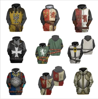  Erkekler Serin 3D baskı Ortaçağ Şövalye Hoodies Roma Savaşçı Asker üniforma Cosplay Vintage Tapınak Şövalyeleri Pullober artı sie