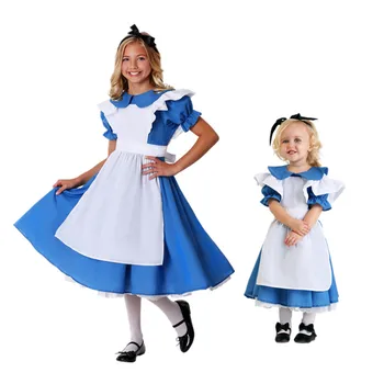  Artı Boyutu Mavi Alice İn Wonderland Kostüm Çocuk Parti Fantezi Cosplay Lolita Hizmetçi Cadılar Bayramı Kostümleri çocuklar Kızlar için Elbise
