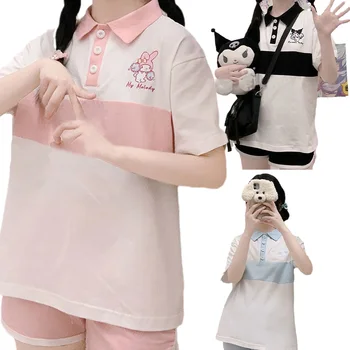  Kawaii Benim Melodi Kuromi Cinnamoroll Japon Yumuşak Kardeş İşlemeli kısa kollu tişört POLO GÖMLEK Çift Kıyafet Tüm Maç