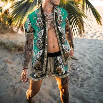  2022 Yaz Plaj Moda Çiçek Baskı İki Parçalı Setleri Erkekler İçin Kısa Kollu Gömlek Şort Takım Elbise Hawaii Rahat Erkek Kıyafet