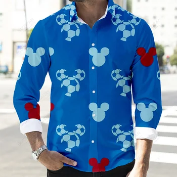  2022 Sonbahar Yeni Karikatür Casual Düğme Uzun Kollu Gömlek Disney Minnie ve Mickey 3D Tam Baskı Moda erkek Yaka Üst