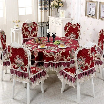  Şönil Masa Örtüleri Avrupa yemek masası Örtüsü sandalye minder örtüsü Jakarlı Kırmızı Yuvarlak Masa Örtüleri Parti Düğün masa süsü