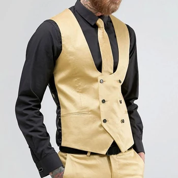  Altın slim fit uzun kollu erkek gömlek Yelek Kruvaze Düğün Takım Elbise V Yaka Tek Parça Özel Yelek Yeni Varış Erkek Moda