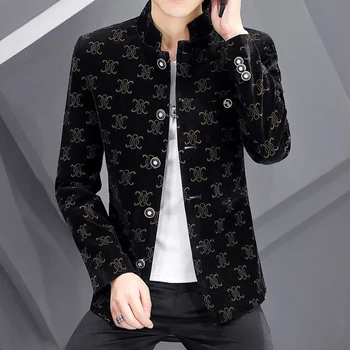  Kadife Takım Elbise Erkek Kişilik Kore Slim Fit 2021 Yeni Baskılı günlük giysi Standı Yaka Erkek Blazer Vintage Blazers Para Hombre