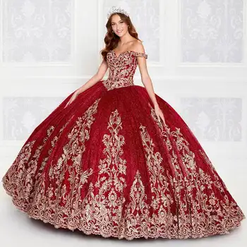  Bordo Quinceanera elbise Balo Kapalı Omuz Tül Aplikler Kabarık Tatlı 16 Elbiseler