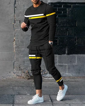  Yeni Varış erkek Pantolon Eşofman 2 Parça Set Rahat Düz Renk Uzun Kollu Tişört Pantolon Moda Sweatpants Spor