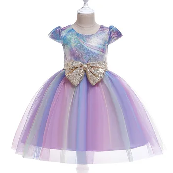  Bebek kız elbise moda baskılı pullu yay gazlı bez elbise prenses elbise kız fantezi parti elbisesi doğum günü partisi elbisesi kız elbise