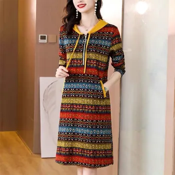  İlkbahar Sonbahar Yeni Vintage Y2K kapüşonlu elbise Kadın Giysileri Uzun Kollu Gevşek Cepler Moda Kazak Düz Rahat Midi Elbiseler