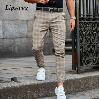  2021 Bahar Moda Ekose Baskılı kalem pantolon Erkek Vintage Orta Bel Düğme Pantolon Erkek Yaz Rahat Uzun Pantolon Streetwear