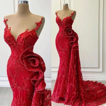  Lüks Mermaid Kırmızı balo kıyafetleri Boncuk Dantel Aplike Sevgiliye Sweep Tren Örgün Akşam Elbise Dantelli Tül Custom Made