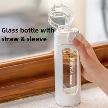  Çift Taşınabilir Cam Sevimli Su Şişesi ile Plastik kollu Kawaii Fincan pipetli bardak Hediyeler Kızlar için Süt Kahve Suyu