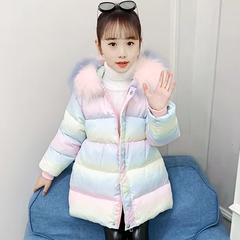  Çocuklar Renkli Parkas Aşağı Pamuk Kapitone kışlık ceketler Prenses Kız Sıcak Giyim Size90-140 Öğrenciler kapüşonlu ceket Elbise