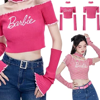  Barbie Moda Tatlı Yuvarlak Boyun Kısa Kazak Kawaii Kız Slim Fit Kollu Boyun Kırpılmış Göbek Tek Omuz Kısa Üstleri Hediye