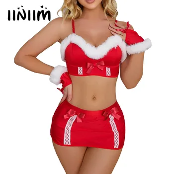  Seksi Bayan Noel iç çamaşırı seti Yeni Yıl Hediye Noel Baba Kostüm Faux Kürk Trim sutyenler Elastik Kemer Mini Etek Eldiven