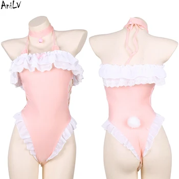  AnıLV Kawaii Kız Anime Sevimli Pembe Bodysuit Mayo Üniforma Kadın Bel Hollow Ruffles Tek parça Mayo Kıyafetler Kostümleri