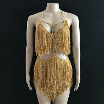  Moda Altın Saçaklar Kostüm Kıyafet Püskül Elbise Akşam Doğum Günü Partisi Dans giyim Gece Kulübü Şarkıcısı Performans Giyim