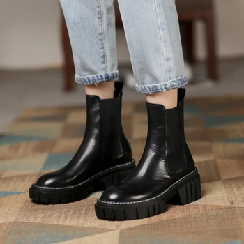  Yeni Sonbahar Ayakkabı Yuvarlak Ayak platform ayakkabılar Kadınlar için 2021 Moda Kadın Botları İnek Deri Kalın Topuk Çizmeler Kadın kış ayakkabı Kadın