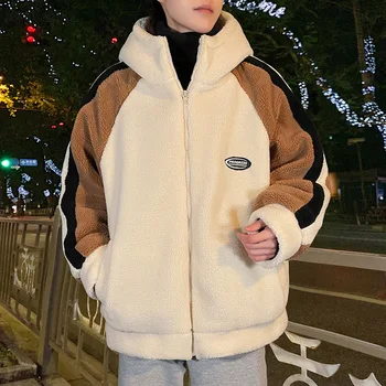  Lambswool Parkas Erkekler Gevşek Kapşonlu Patchwork Kış Yumuşak Sıcak Rahat Şık Giyim Fermuar Vintage Harajuku Kore Moda Ceket Yeni