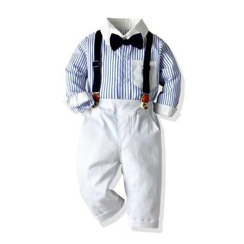  Üst ve Üst Küçük Erkek Giysileri Çizgili Uzun Kollu Gömlek papyon + beyaz Pantolon Yakışıklı Çocuk Giyim Düğün Parti Kıyafet