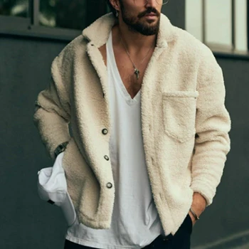  Moda erkek Uzun Kollu Tek Göğüslü Yaka Katı Ceketler Erkekler Rahat Kürklü Dış Giyim Üst Sonbahar Sıcak Kalın Kış Polar Ceket