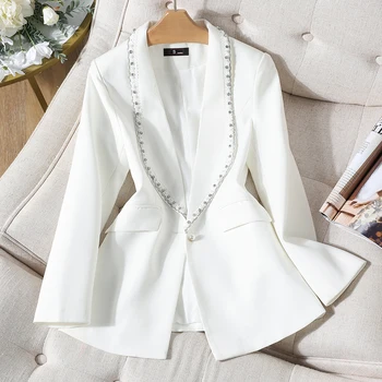  Yeni Varış Sonbahar Sonbahar Resmi Blazer Kadın Moda Bayanlar Katı Ceket Kadın İnce Tek Düğme Beyaz Siyah Ceket