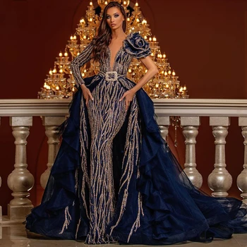  Kraliyet Mavi Boncuk Mermaid balo kıyafetleri Ayrılabilir Tren İle V Boyun Kristal Overskirt Akşam Parti Elbise Pageant Giyim